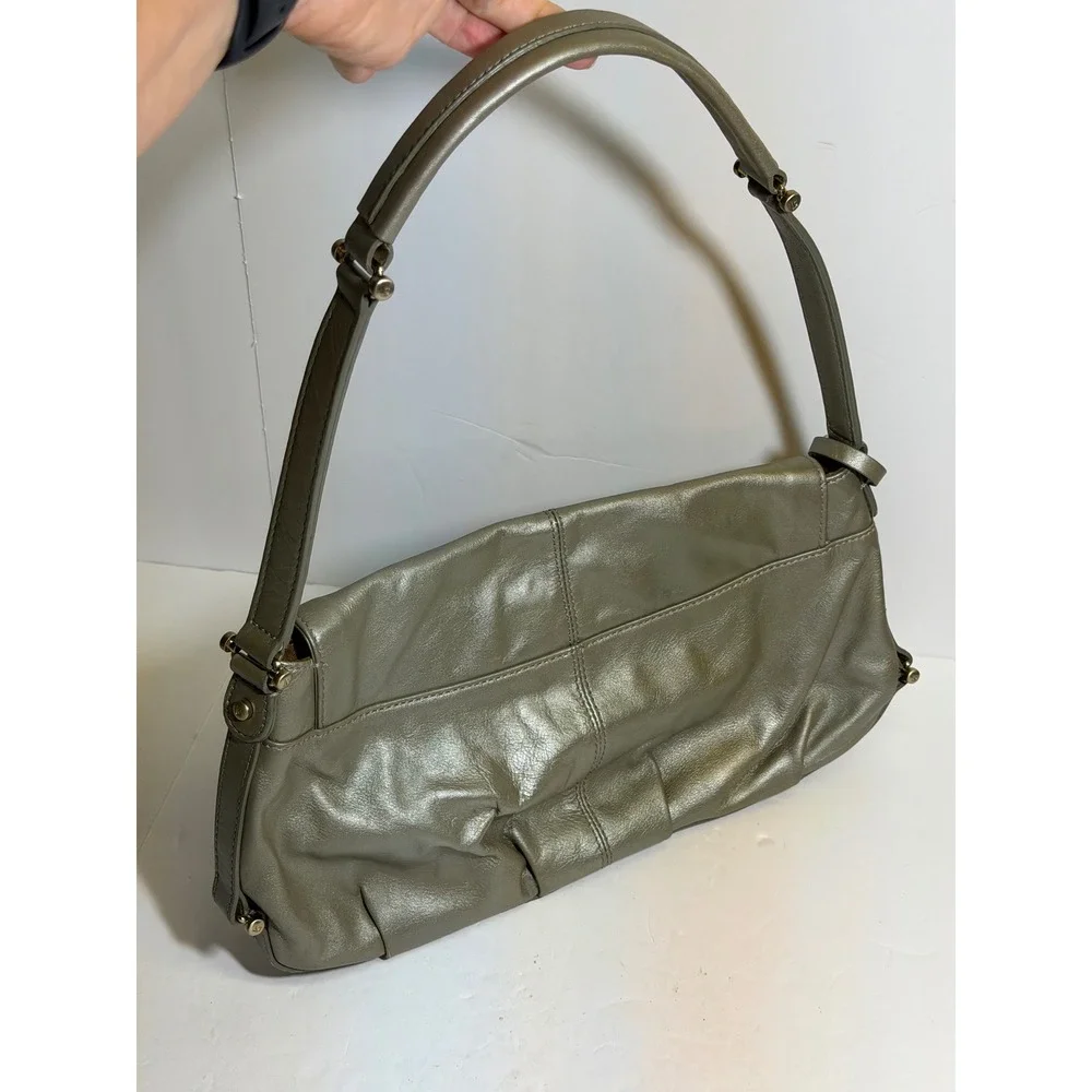 Liz Claiborne Metallic Olive Green Genuine‎ Leather Shoulder Bag Flap Handbag